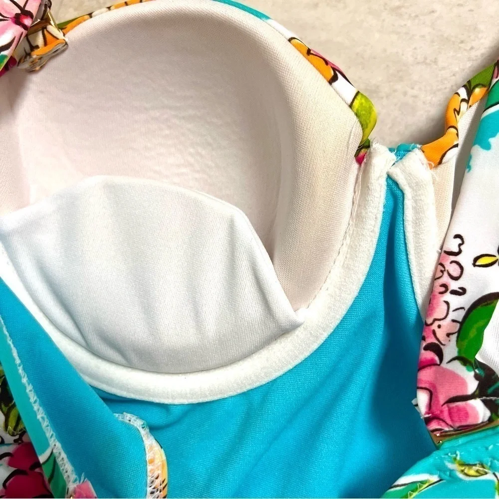 Leilani Push up Swimsuit Turquoise Blue Zinnias Floral women’s 10 multiple ways